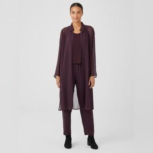 Eileen Fisher Crinkled Sheer Silk Collar Jacket/ Duster in Cassis | Size M